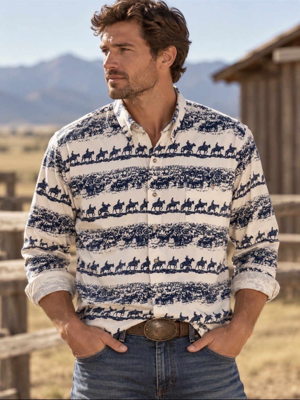Roper Cream and Navy Western Print Button-Down Shirt